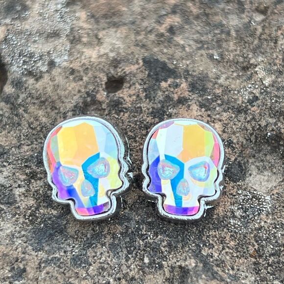 Jewelry - Skull post earrings made with aurora borealis Swarovski crystal